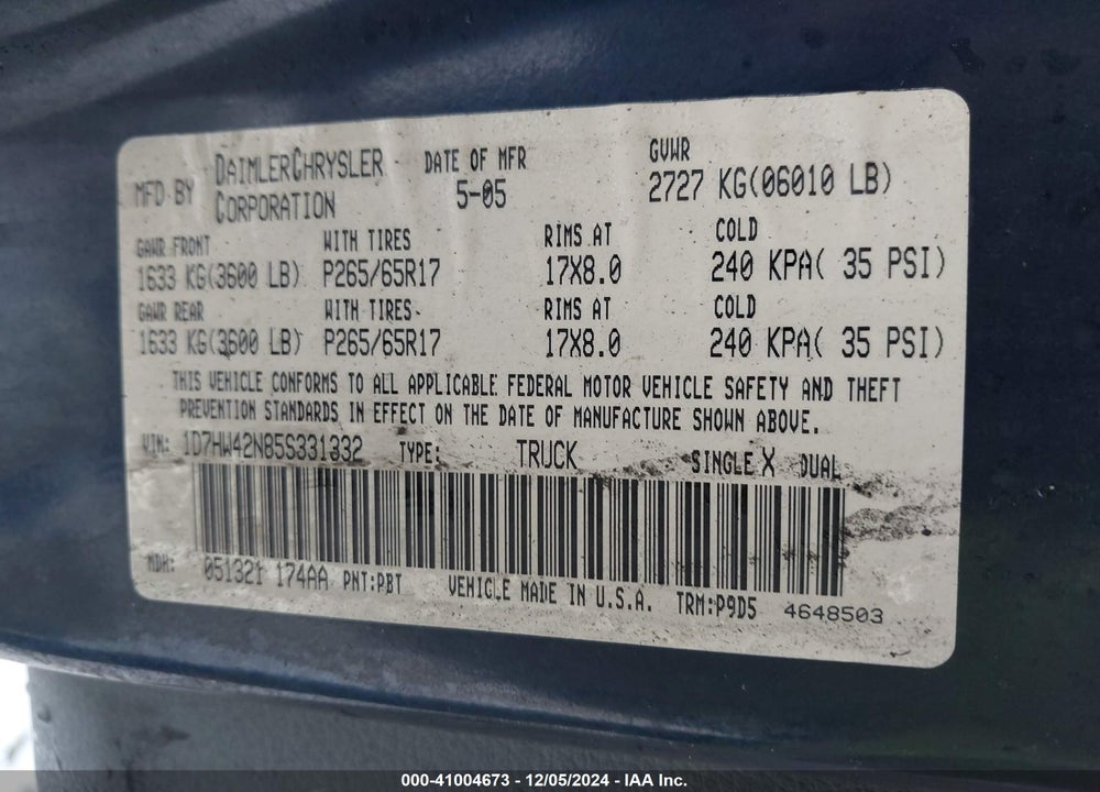 2005 DODGE DAKOTA SLT VIN: 1D7HW42N85S331332