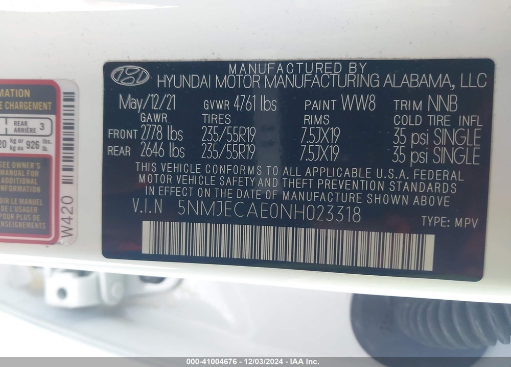 2022 HYUNDAI TUCSON LIMITED VIN: 5NMJECAE0NH023318