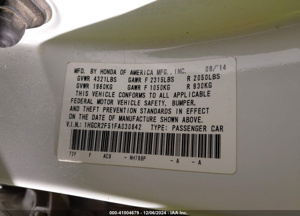 2015 HONDA ACCORD SPORT VIN: 1HGCR2F51FA030842
