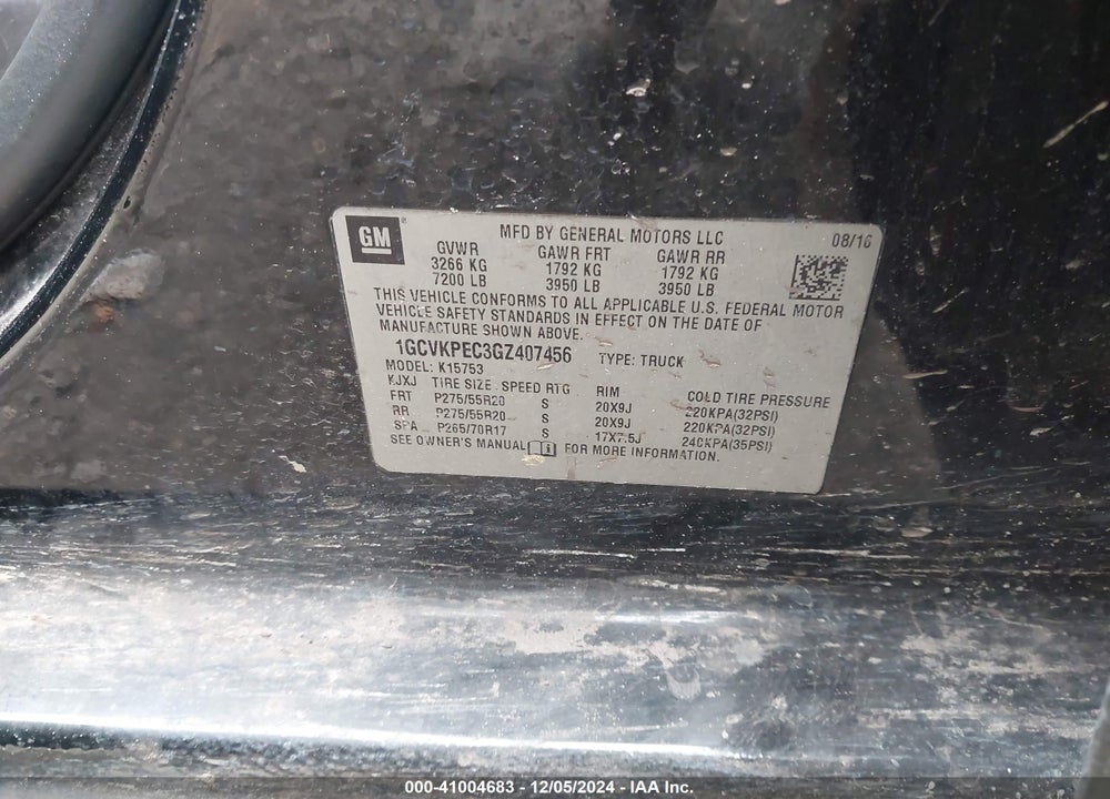 2016 CHEVROLET SILVERADO 1500 VIN: 1GCVKPEC3GZ407456