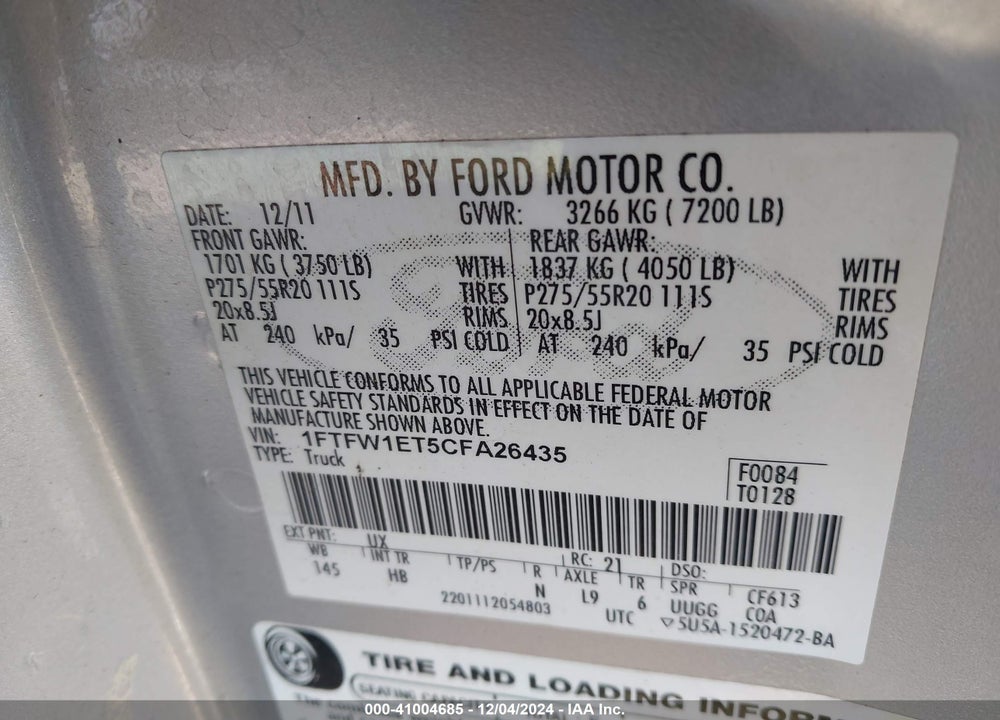 2012 FORD F-150 LARIAT VIN: 1FTFW1ET5CFA26435