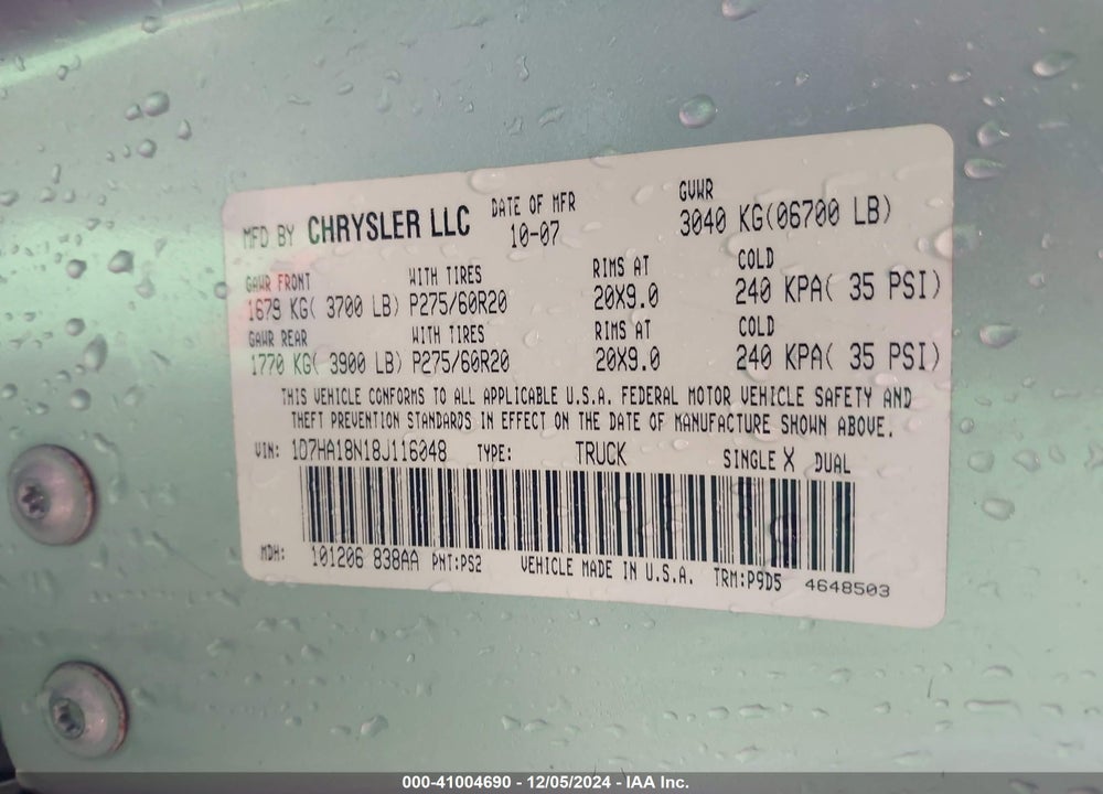 2008 DODGE RAM 1500 SLT VIN: 1D7HA18N18J116048