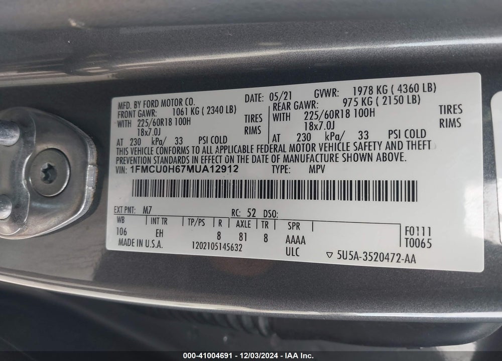 2021 FORD ESCAPE SEL VIN: 1FMCU0H67MUA12912