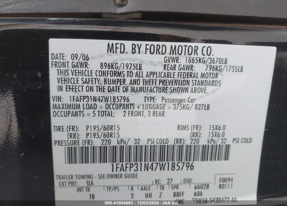 2007 FORD FOCUS S/SE/SES VIN: 1FAFP31N47W185796
