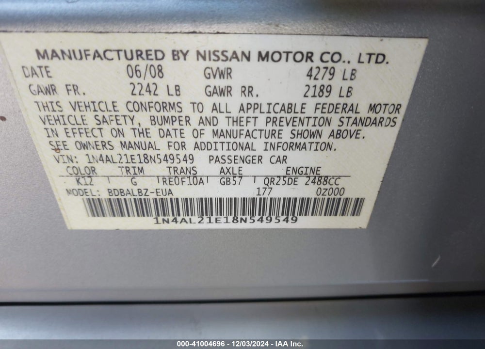 2008 NISSAN ALTIMA 2.5 S VIN: 1N4AL21E18N549549