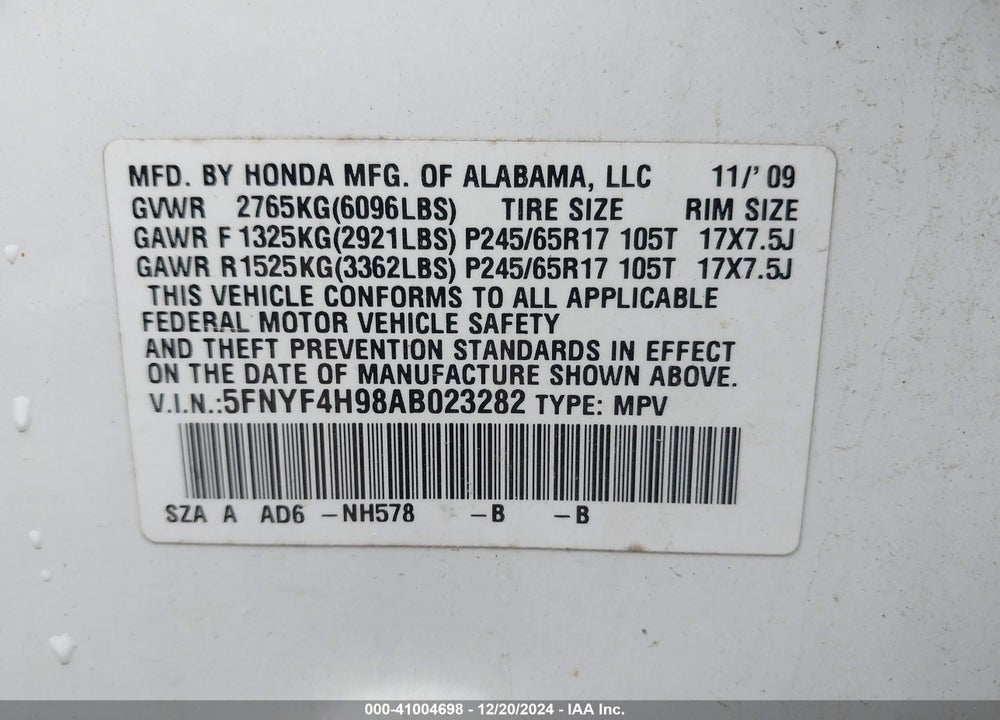 2010 HONDA PILOT TOURING VIN: 5FNYF4H98AB023282