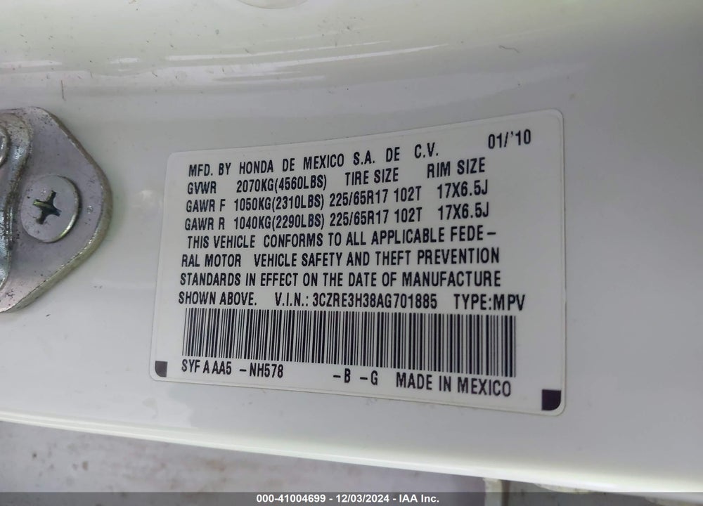 2010 HONDA CR-V LX VIN: 3CZRE3H38AG701885