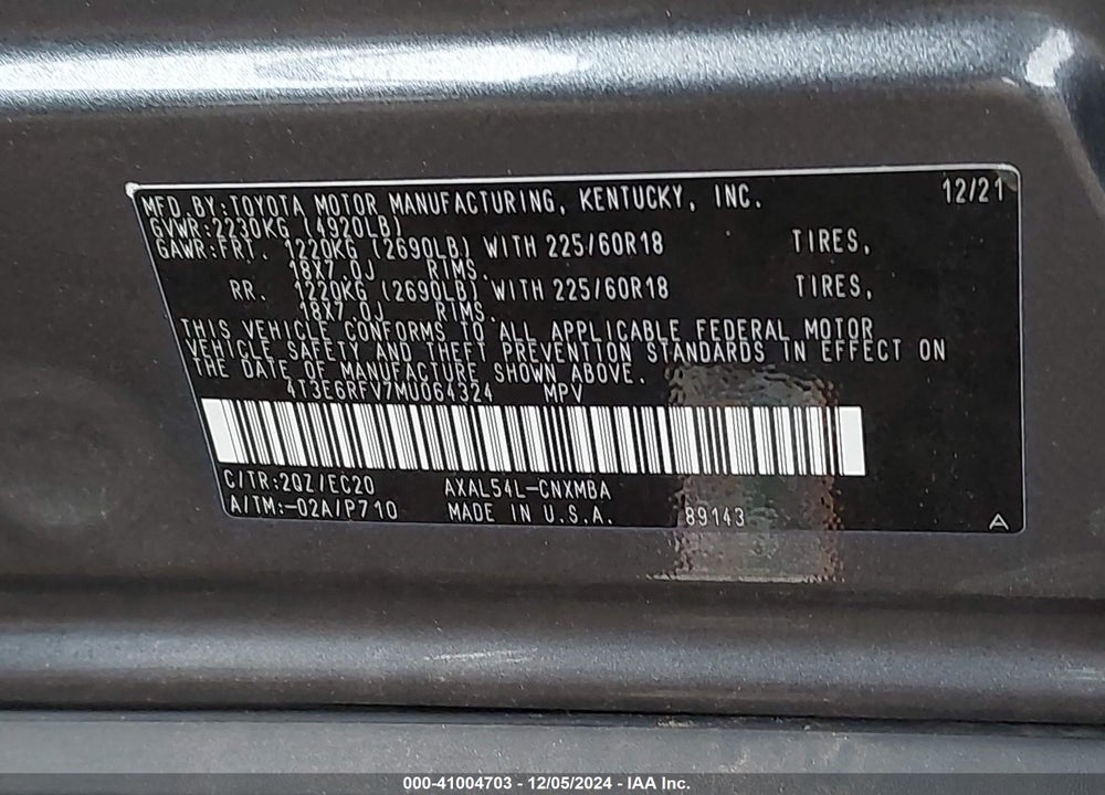 2021 TOYOTA RAV4 HYBRID XSE VIN: 4T3E6RFV7MU064324