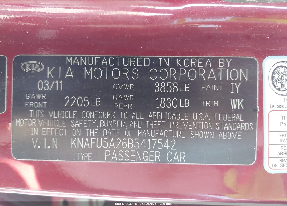 2011 KIA FORTE EX VIN: KNAFU5A26B5417542