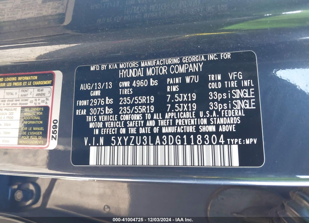 2013 HYUNDAI SANTA FE SPORT 2.0T VIN: 5XYZU3LA3DG118304