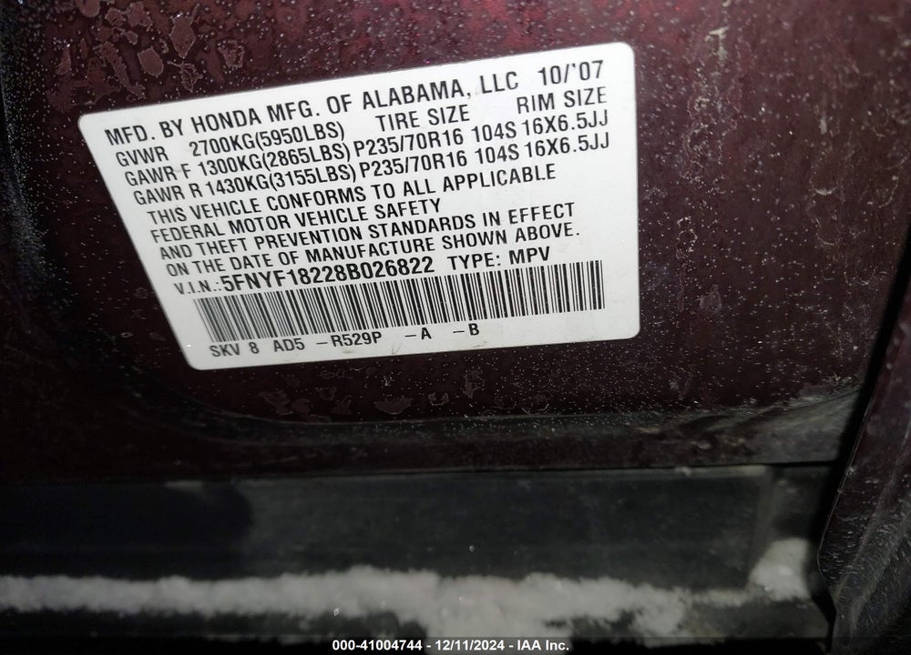2008 HONDA PILOT VP VIN: 5FNYF18228B026822