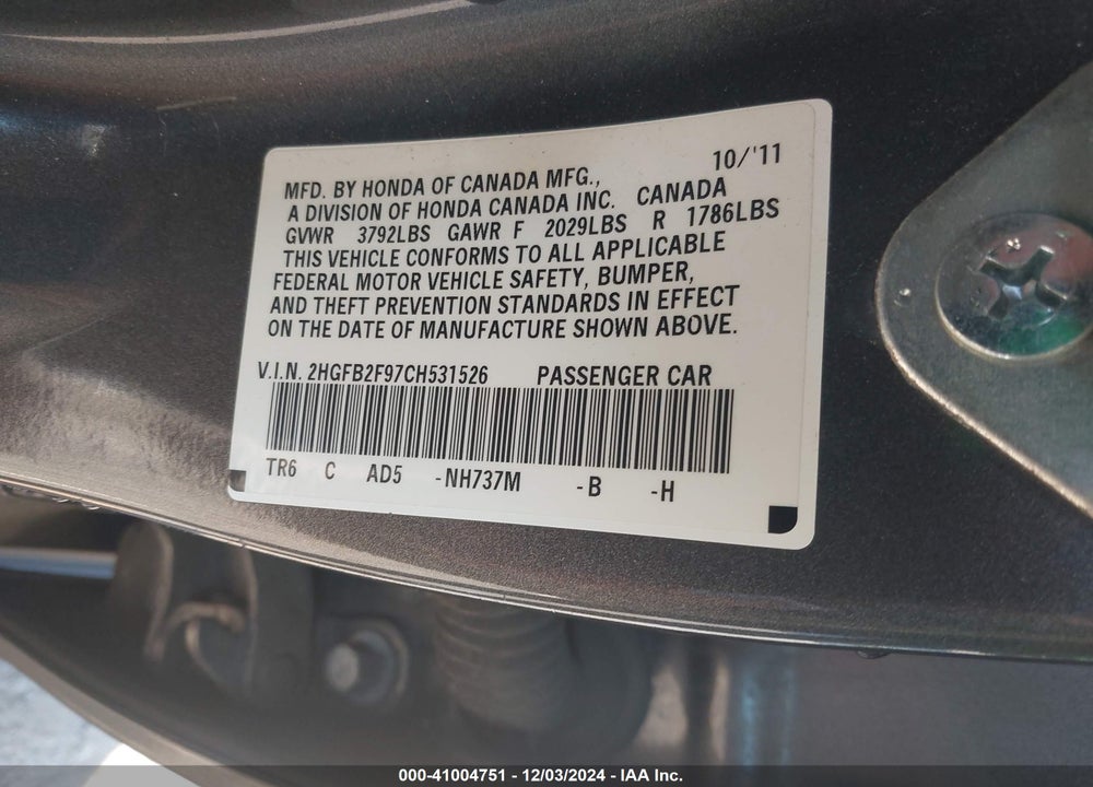 2012 HONDA CIVIC EX-L VIN: 2HGFB2F97CH531526