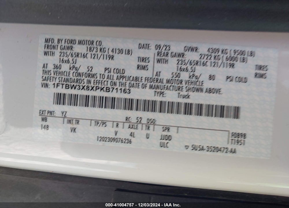 2023 FORD TRANSIT-350 CARGO VAN VIN: 1FTBW3X8XPKB71163