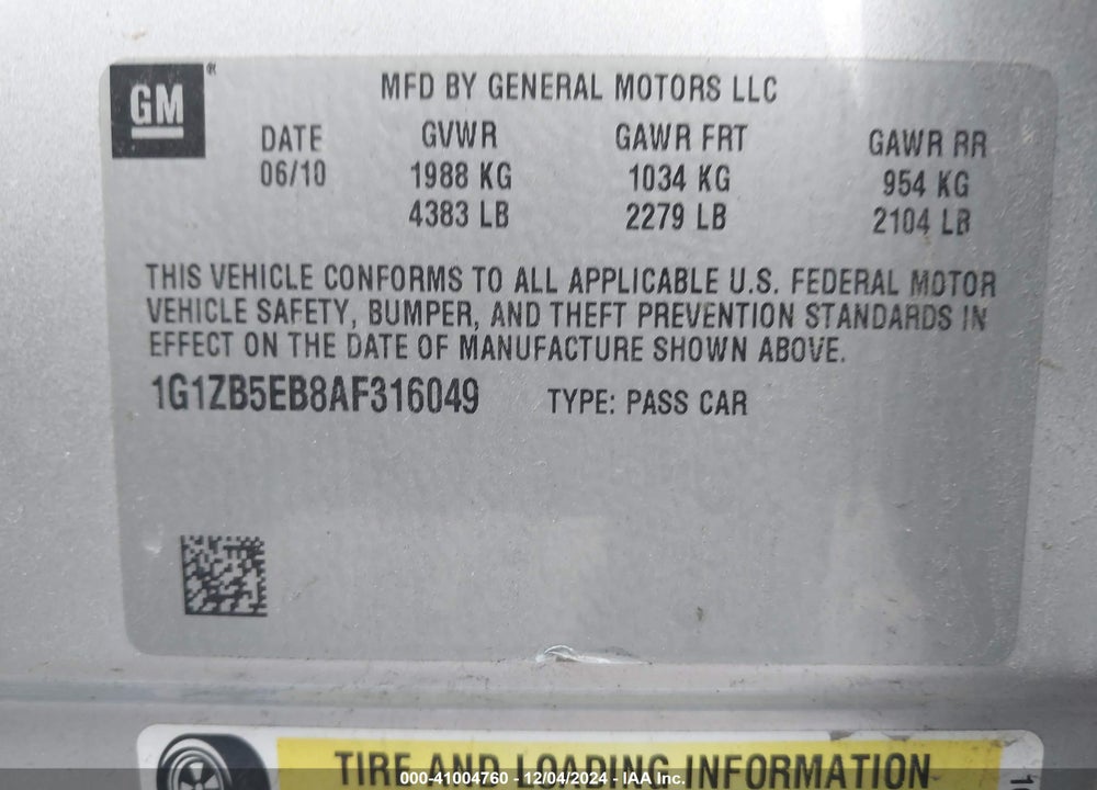2010 CHEVROLET MALIBU LS VIN: 1G1ZB5EB8AF316049