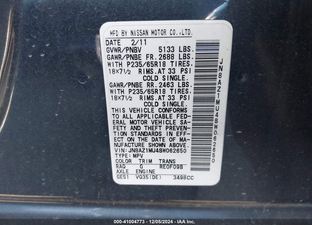 2011 NISSAN MURANO S VIN: JN8AZ1MU4BW062650