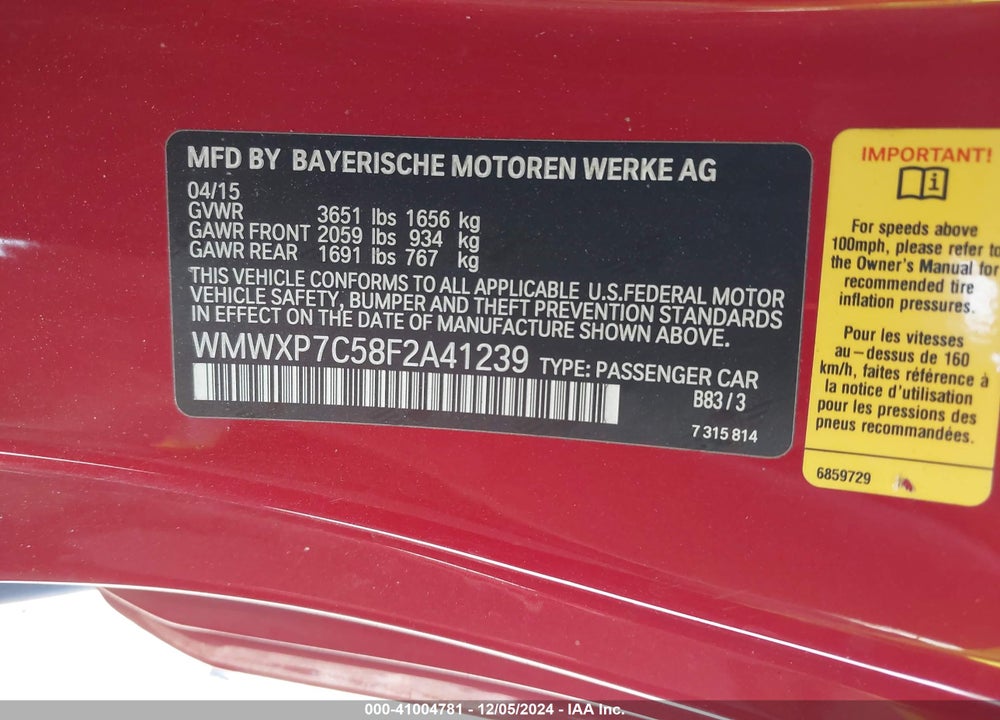 2015 MINI HARDTOP COOPER S VIN: WMWXP7C58F2A41239