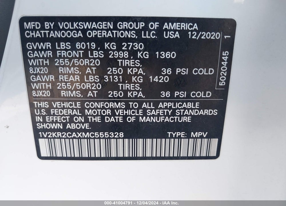 2021 VOLKSWAGEN ATLAS 3.6L V6 SE W/TECHNOLOGY VIN: 1V2KR2CAXMC555328