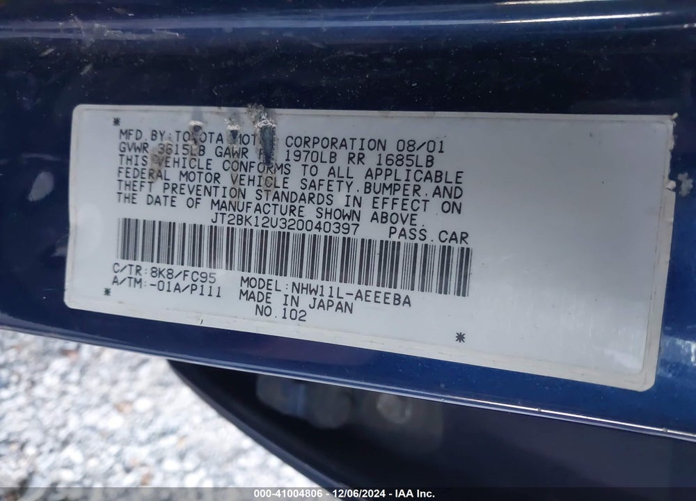2002 TOYOTA PRIUS VIN: JT2BK12U320040397