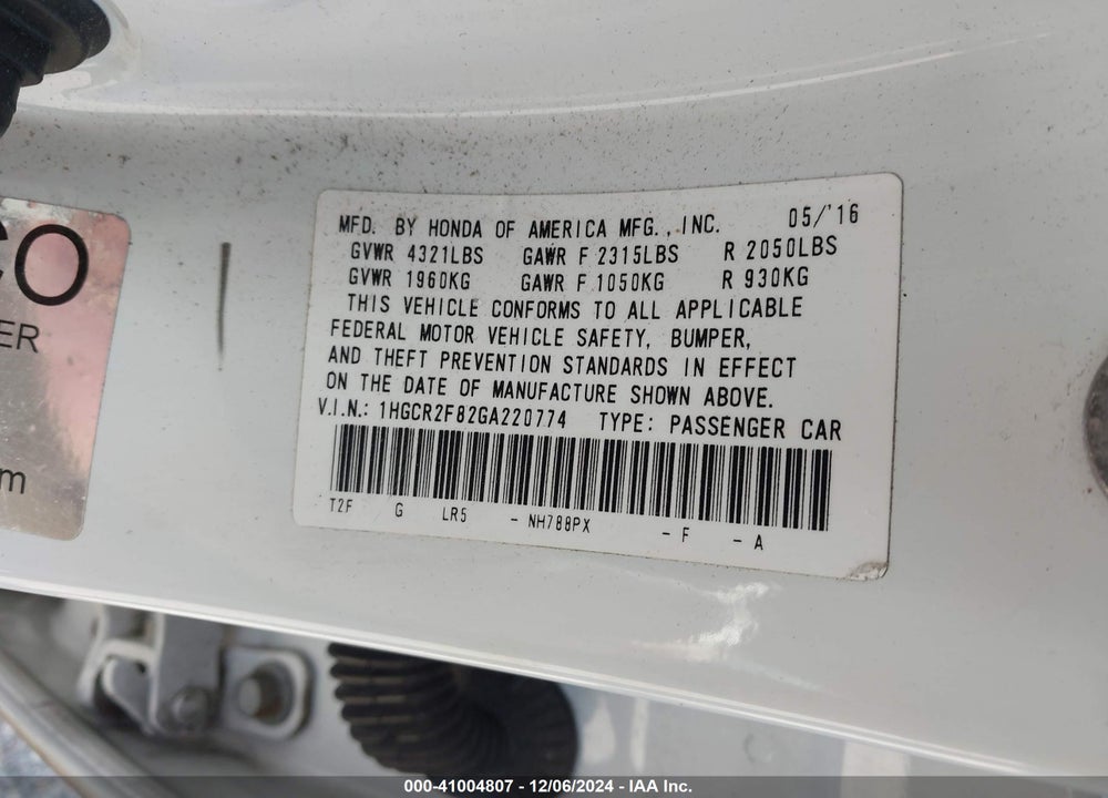 2016 HONDA ACCORD EX-L VIN: 1HGCR2F82GA220774