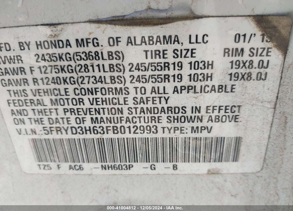 2015 ACURA MDX TECHNOLOGY PKG W/ENTERTAINMENT PKG VIN: 5FRYD3H63FB012993