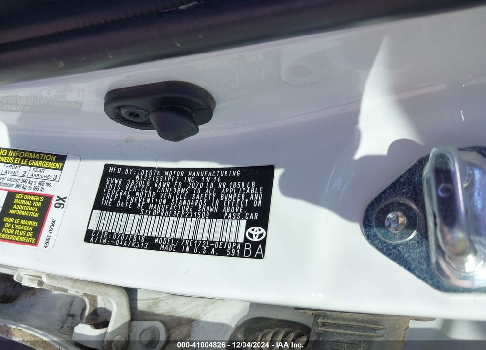 2015 TOYOTA COROLLA VIN: 5YFBPRHE8FP231509