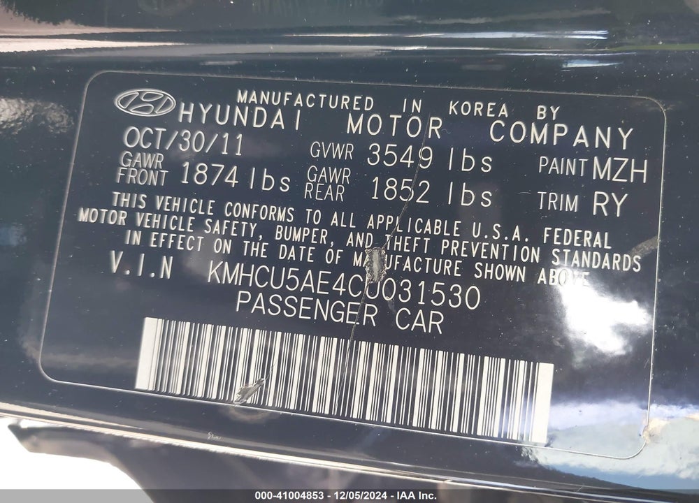 2012 HYUNDAI ACCENT VIN: KMHCU5AE4CU031530