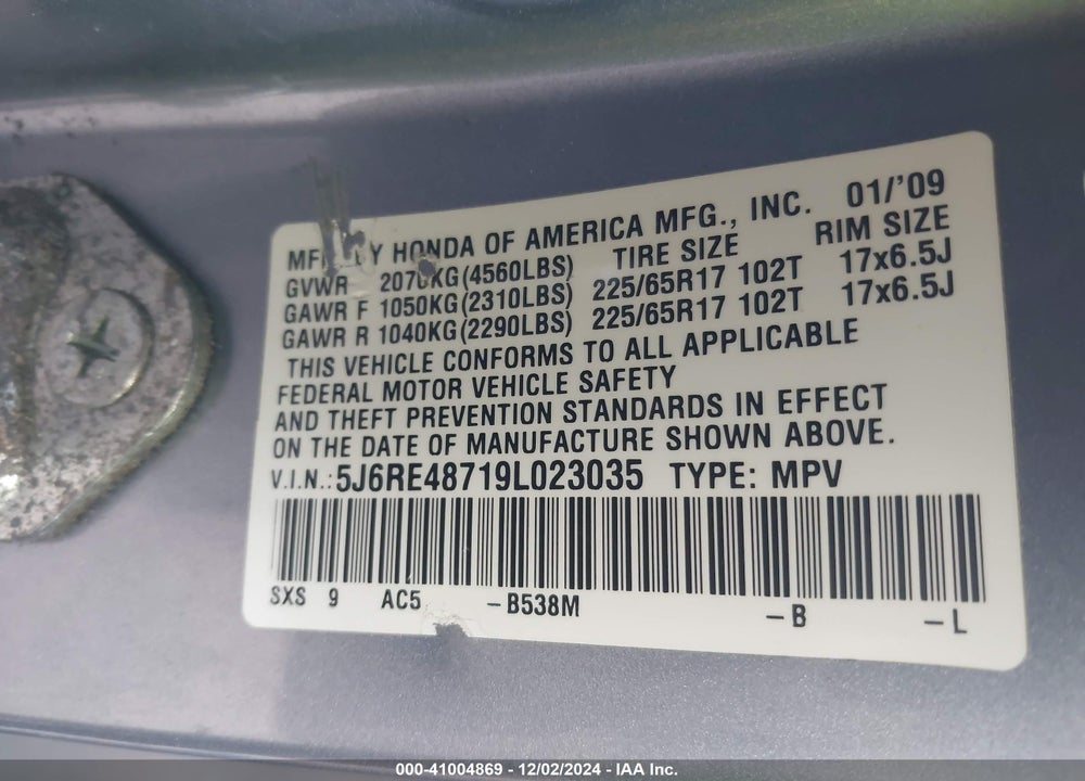 2009 HONDA CR-V EX-L VIN: 5J6RE48719L023035