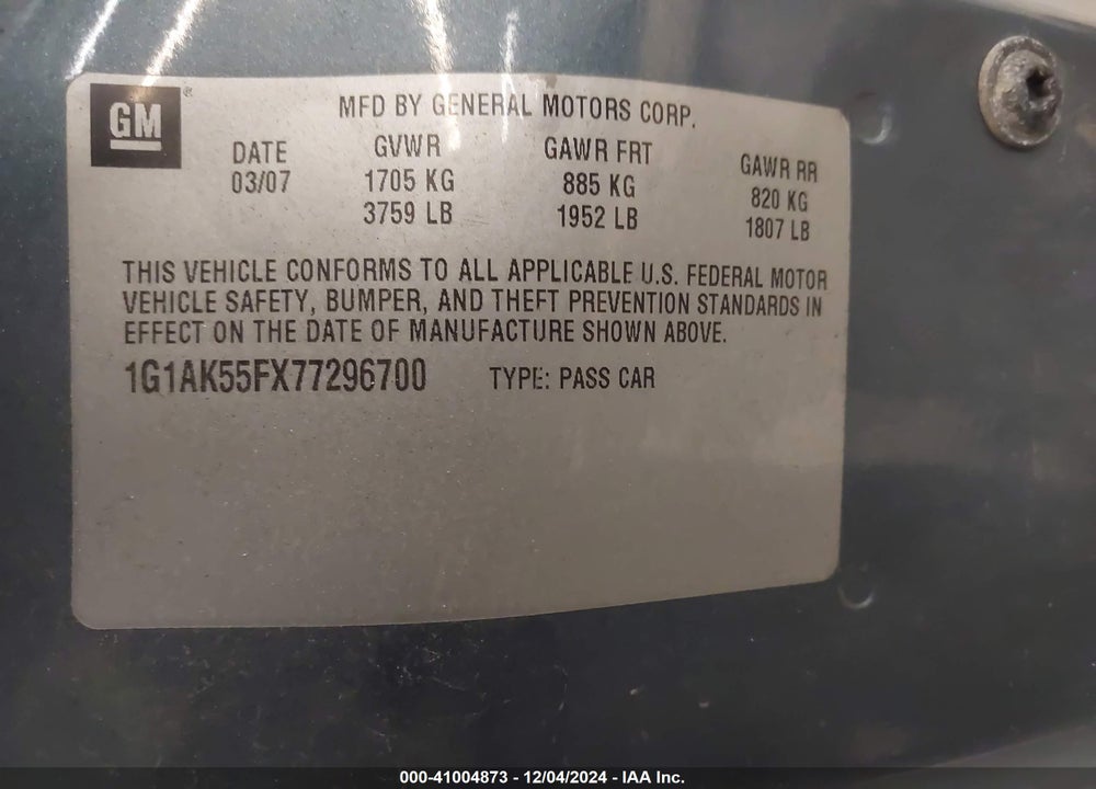 2007 CHEVROLET COBALT LS VIN: 1G1AK55FX77296700