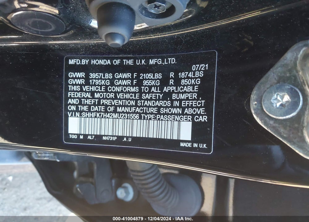 2021 HONDA CIVIC VIN: SHHFK7H42MU231556