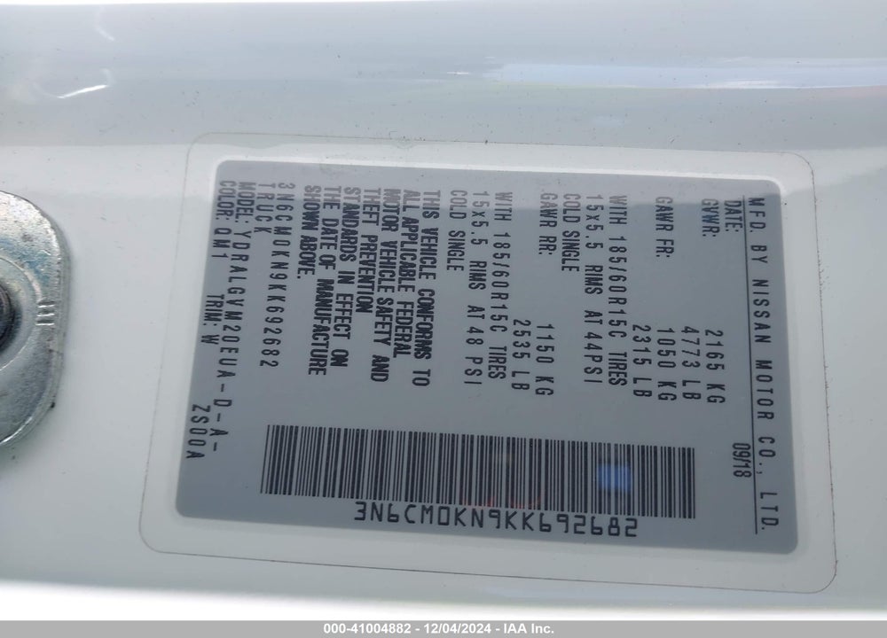 2019 NISSAN NV200 SV VIN: 3N6CM0KN9KK692682