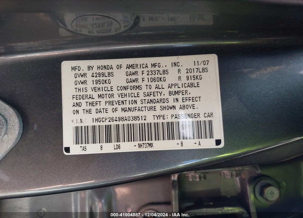 2008 HONDA ACCORD 2.4 LX-P VIN: 1HGCP26498A038512