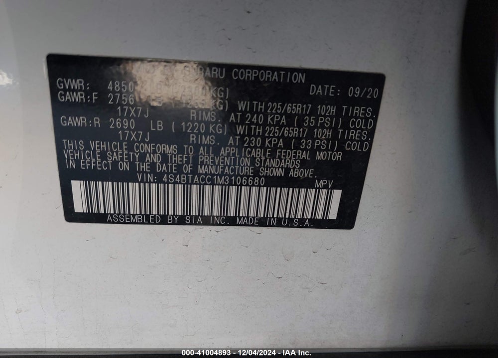 2021 SUBARU OUTBACK PREMIUM VIN: 4S4BTACC1M3106680