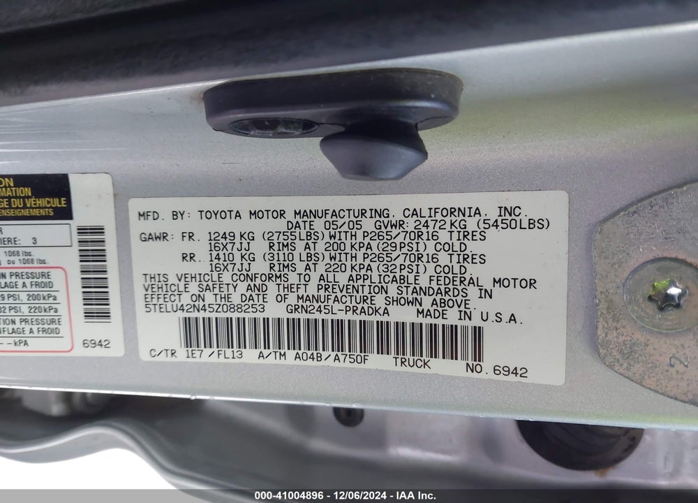 2005 TOYOTA TACOMA DOUBLE CAB VIN: 5TELU42N45Z088253