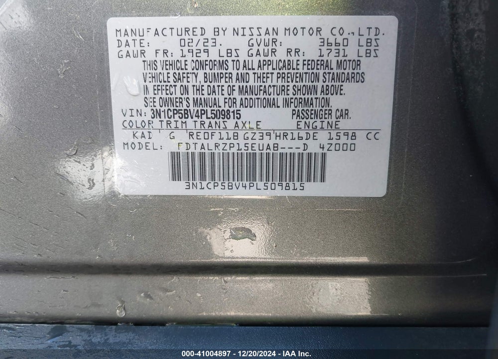2023 NISSAN KICKS S XTRONIC CVT VIN: 3N1CP5BV4PL509815