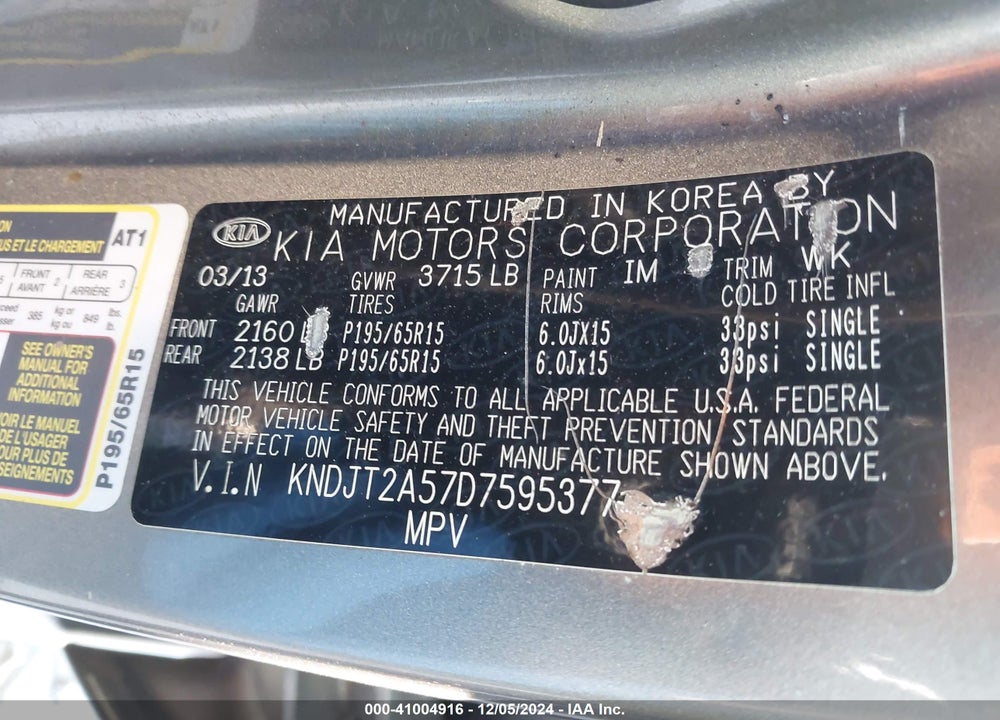 2013 KIA SOUL VIN: KNDJT2A57D7595377