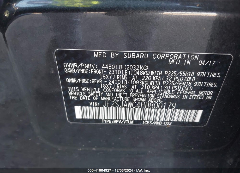 2017 SUBARU FORESTER 2.5I TOURING VIN: JF2SJAWC4HH800179