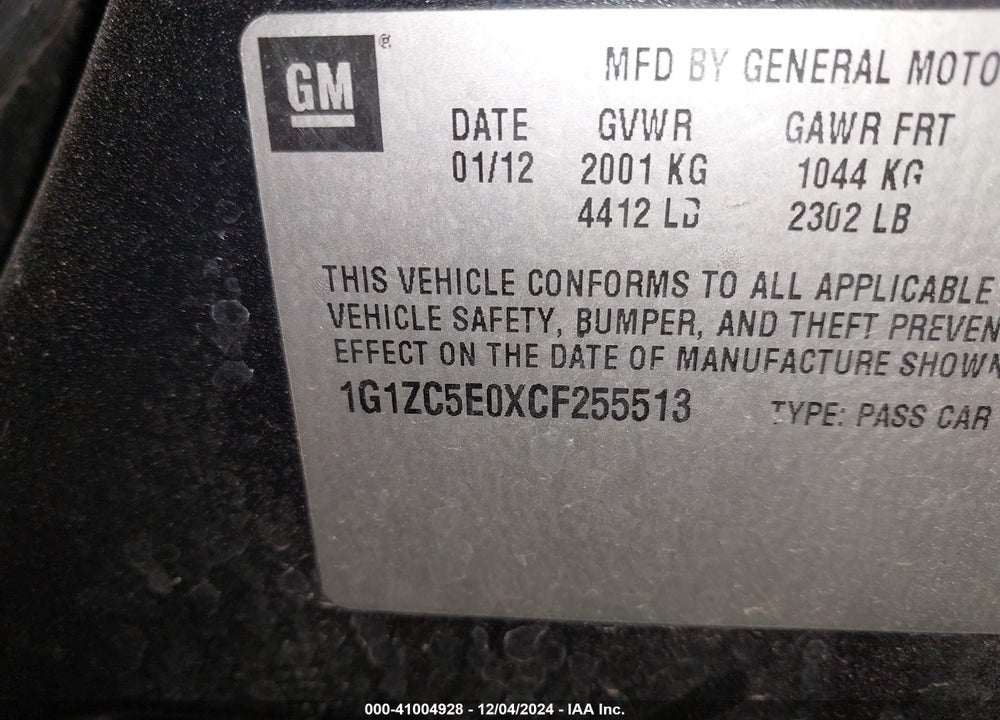2012 CHEVROLET MALIBU 1LT VIN: 1G1ZC5E0XCF255513