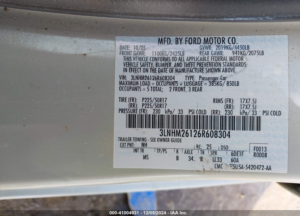 2006 LINCOLN ZEPHYR VIN: 3LNHM26126R608304