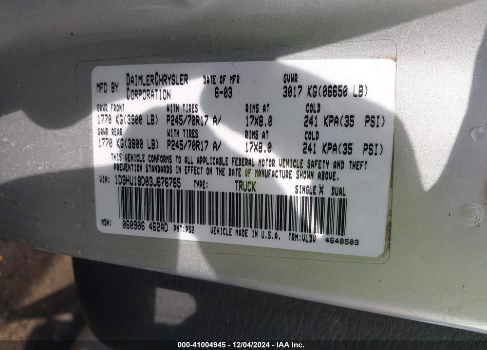 2003 DODGE RAM 1500 SLT/LARAMIE/ST VIN: 1D3HU18D03J676765