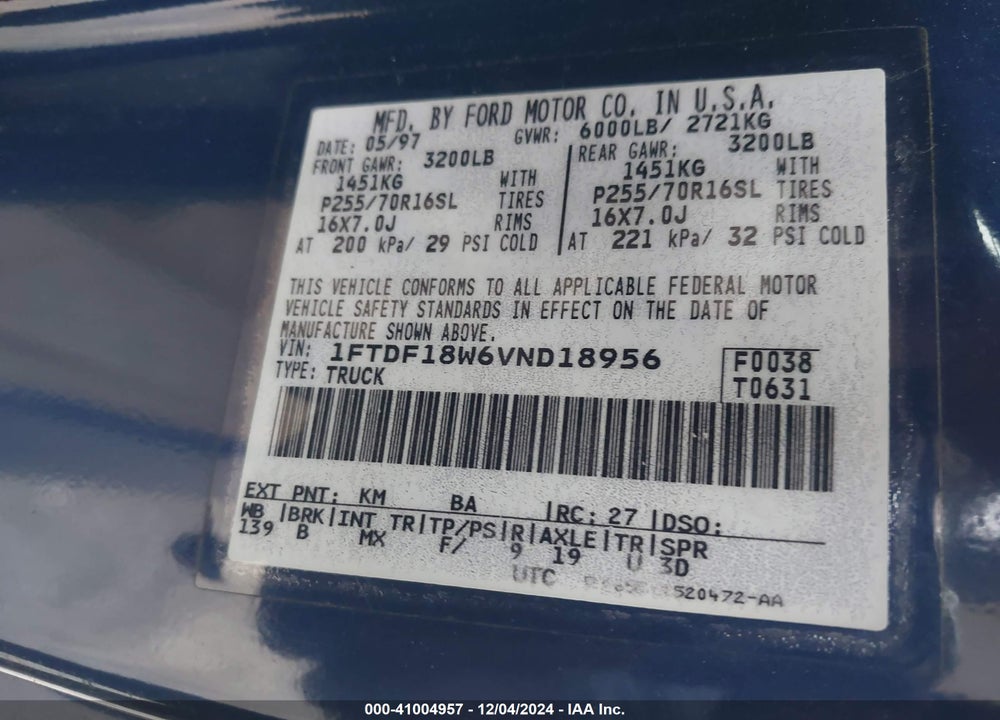 1997 FORD F-150 LARIAT/STANDARD/XL/XLT VIN: 1FTDF18W6VND18956