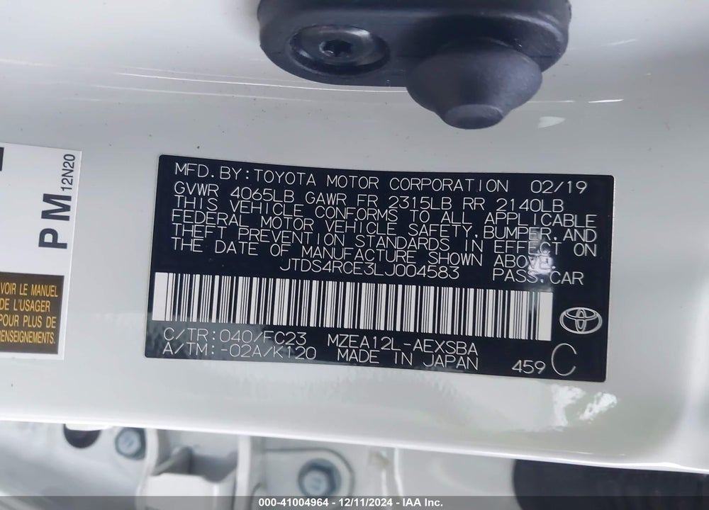 2020 TOYOTA COROLLA SE VIN: JTDS4RCE3LJ004583