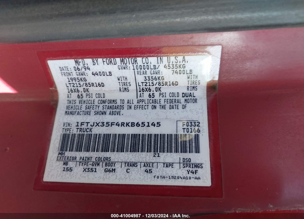 1994 FORD F350 VIN: 1FTJX35F4RKB65145
