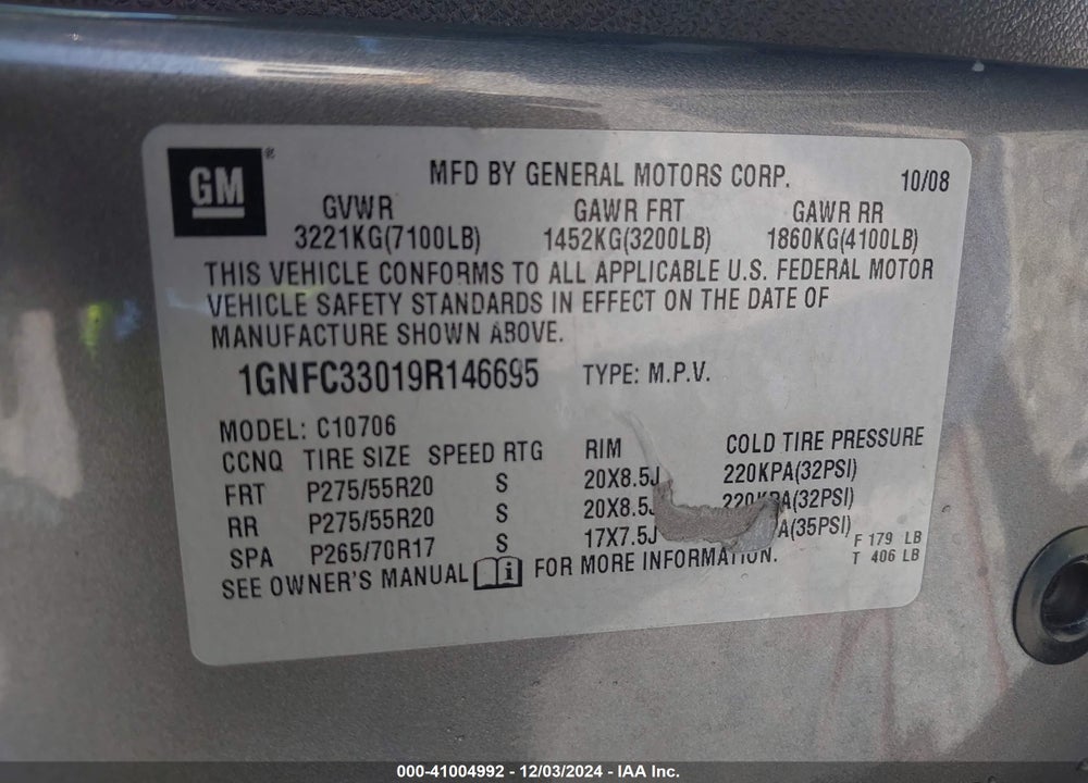 2009 CHEVROLET TAHOE LTZ VIN: 1GNFC33019R146695