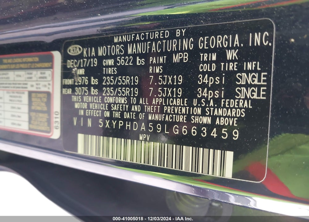 2020 KIA SORENTO 3.3L EX VIN: 5XYPHDA59LG663459