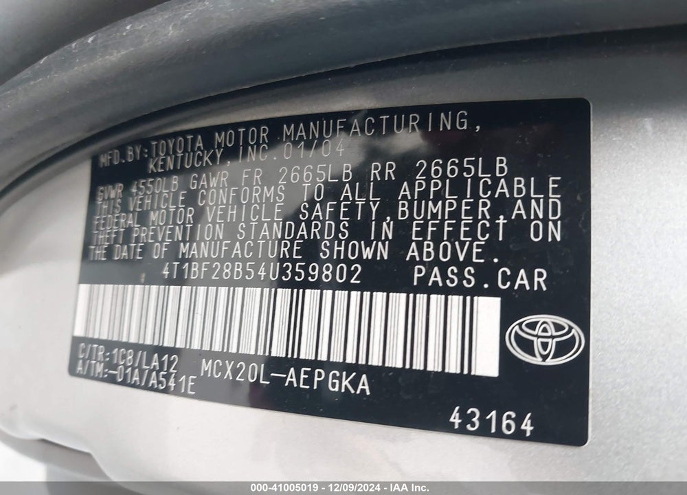 2004 TOYOTA AVALON XLS VIN: 4T1BF28B54U359802