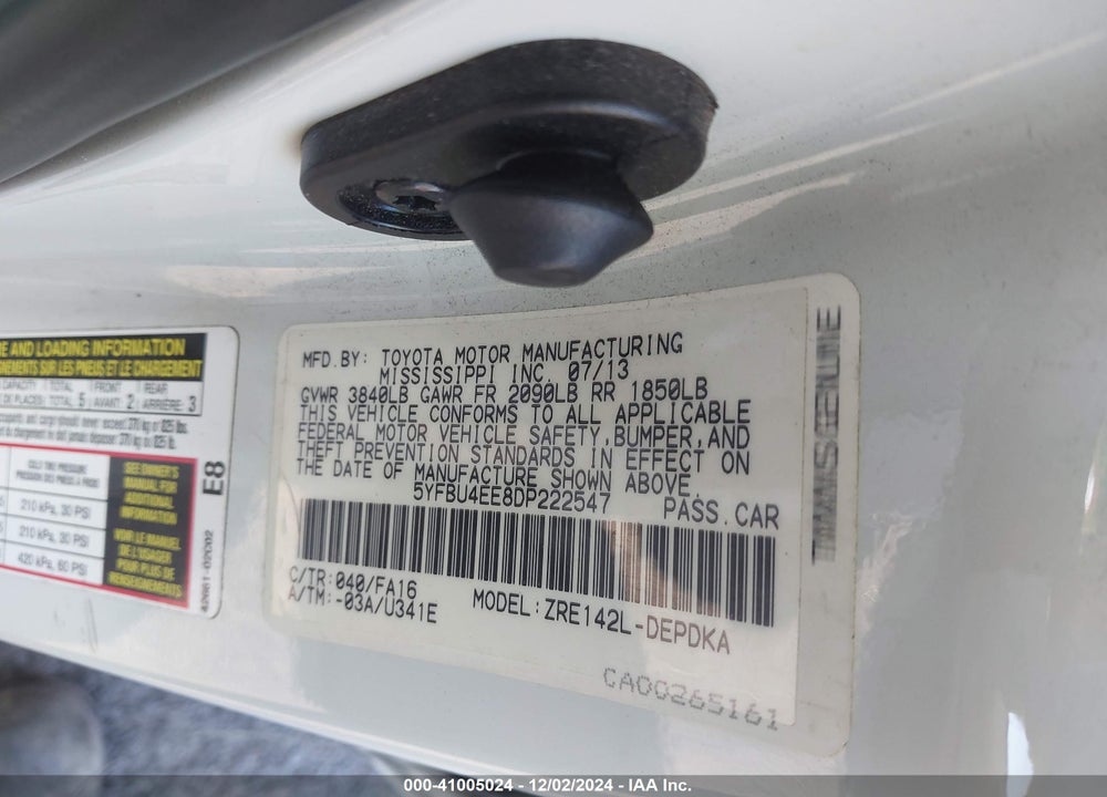 2013 TOYOTA COROLLA L VIN: 5YFBU4EE8DP222547