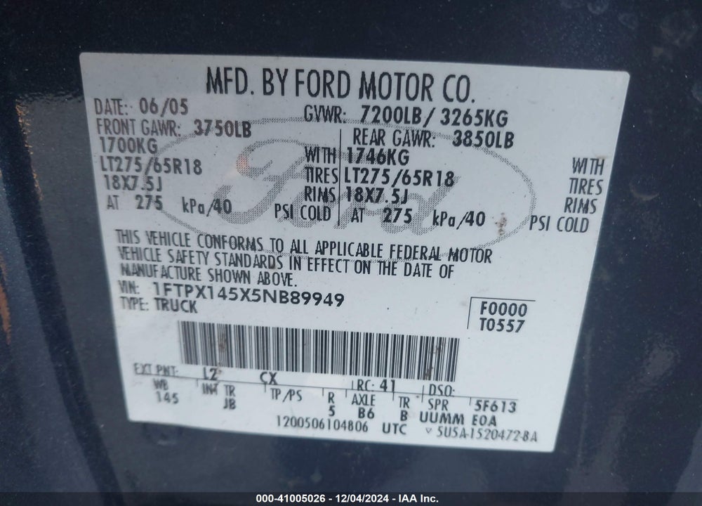2005 FORD F-150 FX4/LARIAT/XL/XLT VIN: 1FTPX145X5NB89949
