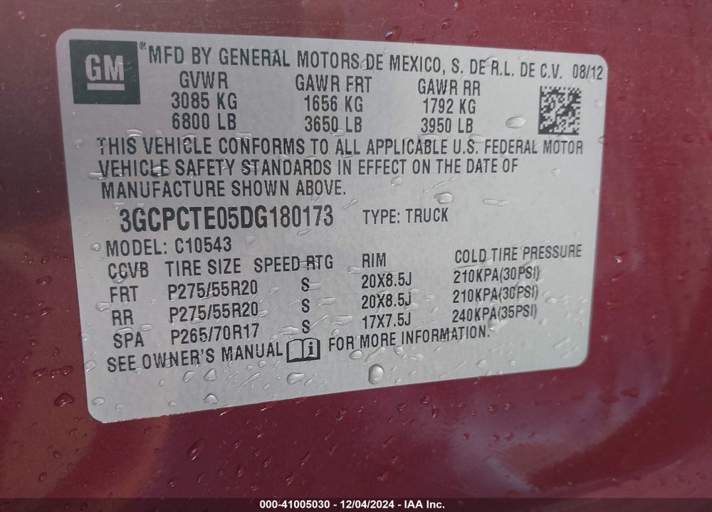 2013 CHEVROLET SILVERADO 1500 LTZ VIN: 3GCPCTE05DG180173