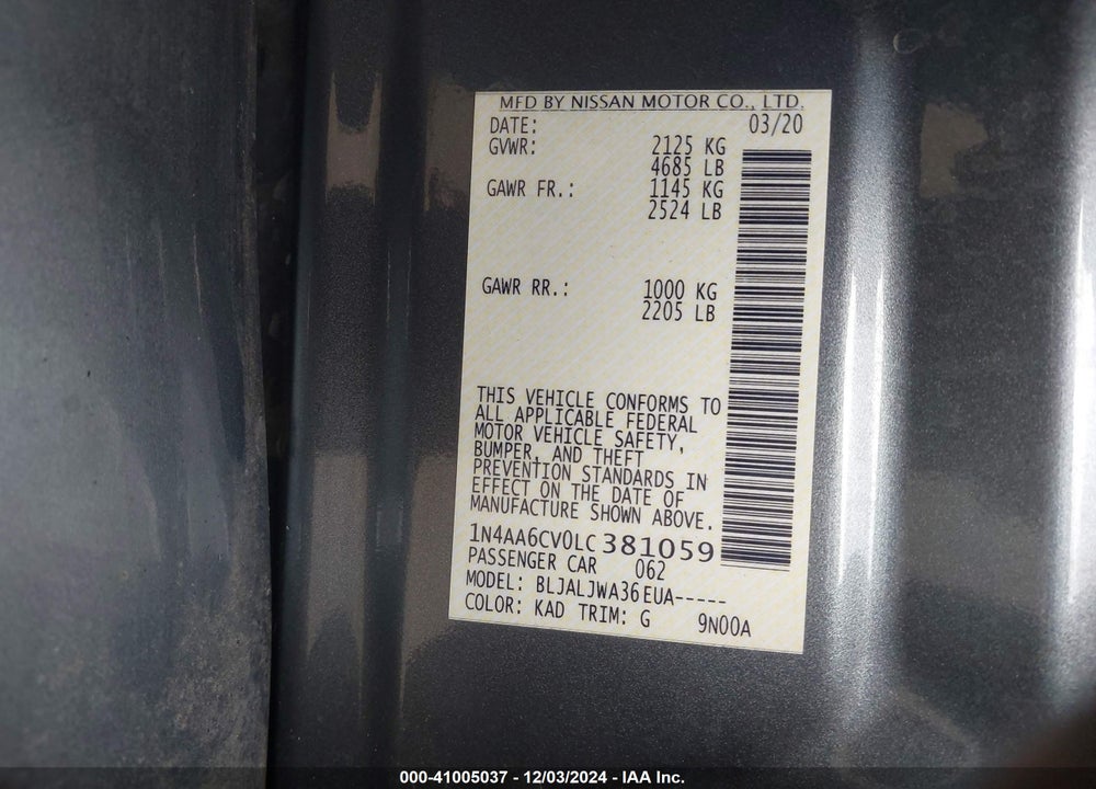 2020 NISSAN MAXIMA SV XTRONIC CVT VIN: 1N4AA6CV0LC381059