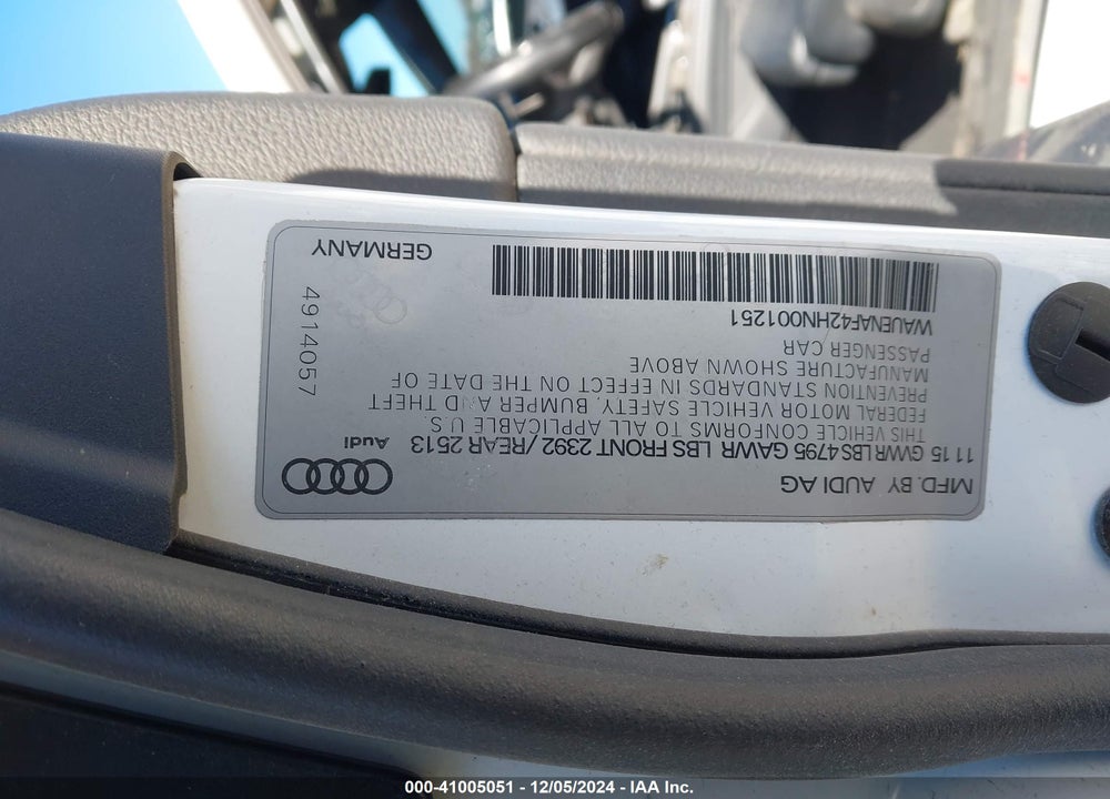 2017 AUDI A4 2.0T PREMIUM VIN: WAUENAF42HN001251